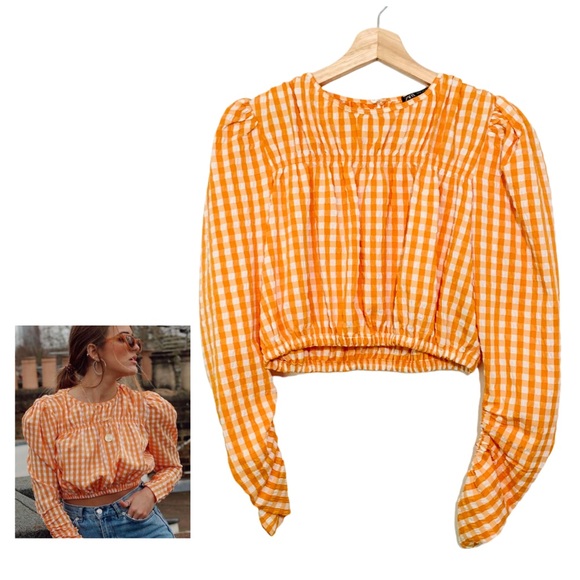 Zara Checkered Crop Top Orange White Long Puff Sleeves Size Small NWOT - Picture 1 of 12